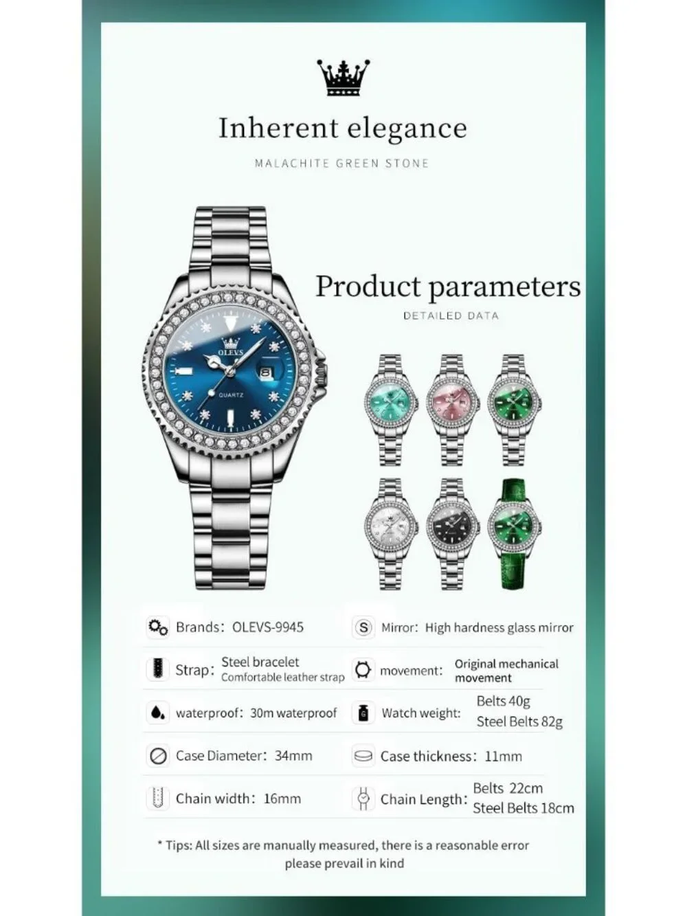Women's Blue Luxury Diamond with Date Analog Quartz Waterproof Wrist Watch